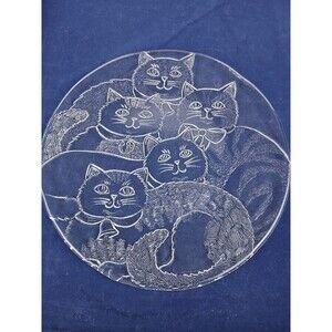 VTG Pilgrim Glass Cat Party Platter Approx 13” Clear Art Glass Serving Tray USA
